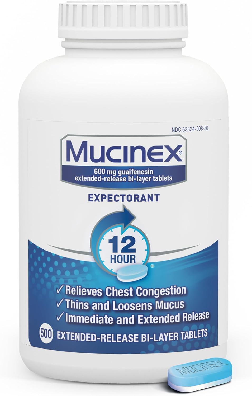 Mucinex 12 Hour 600mg Guaifenesin Chest Congestion & Mucus Relief, Guaifenesin Expectorant Aids Mucus Removal & Mucus Relief, Chest Decongestant for Adults, Dr Recommended, 500ct Tablets