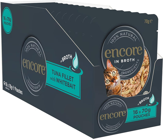 Encore 100% Natural Wet Cat Food Pouch, Tuna Fillet with Whitebait/Anchovy in Broth 70g Pouch (16 x 70g Pouches) (Packaging May Vary)?ENCP8002