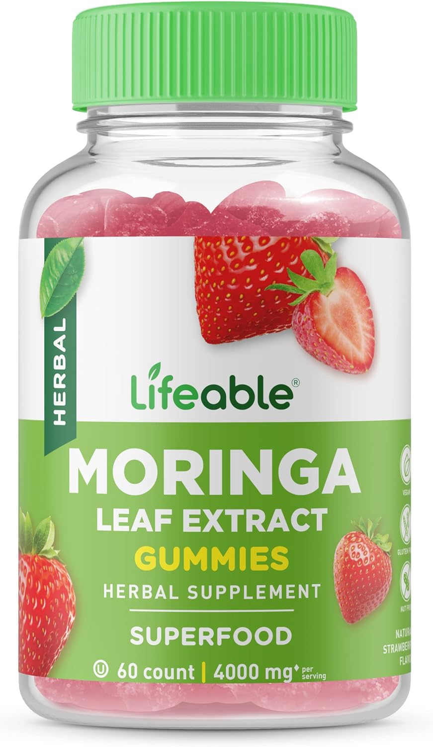 Lifeable Moringa Leaf Extract 4000mg - Great Tasting Natural Flavor Gummy Supplement Vitamins - Non-GMO Gluten Free Vegan Chewable - Antioxidant Packed Superfood - for Men Women - 60 Gummies