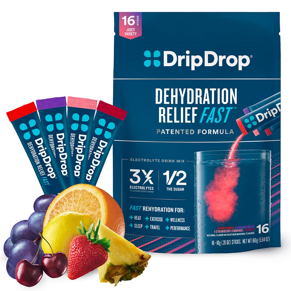 DripDrop Hydration - Electrolyte Powder Packets - Grape, Fruit Punch,