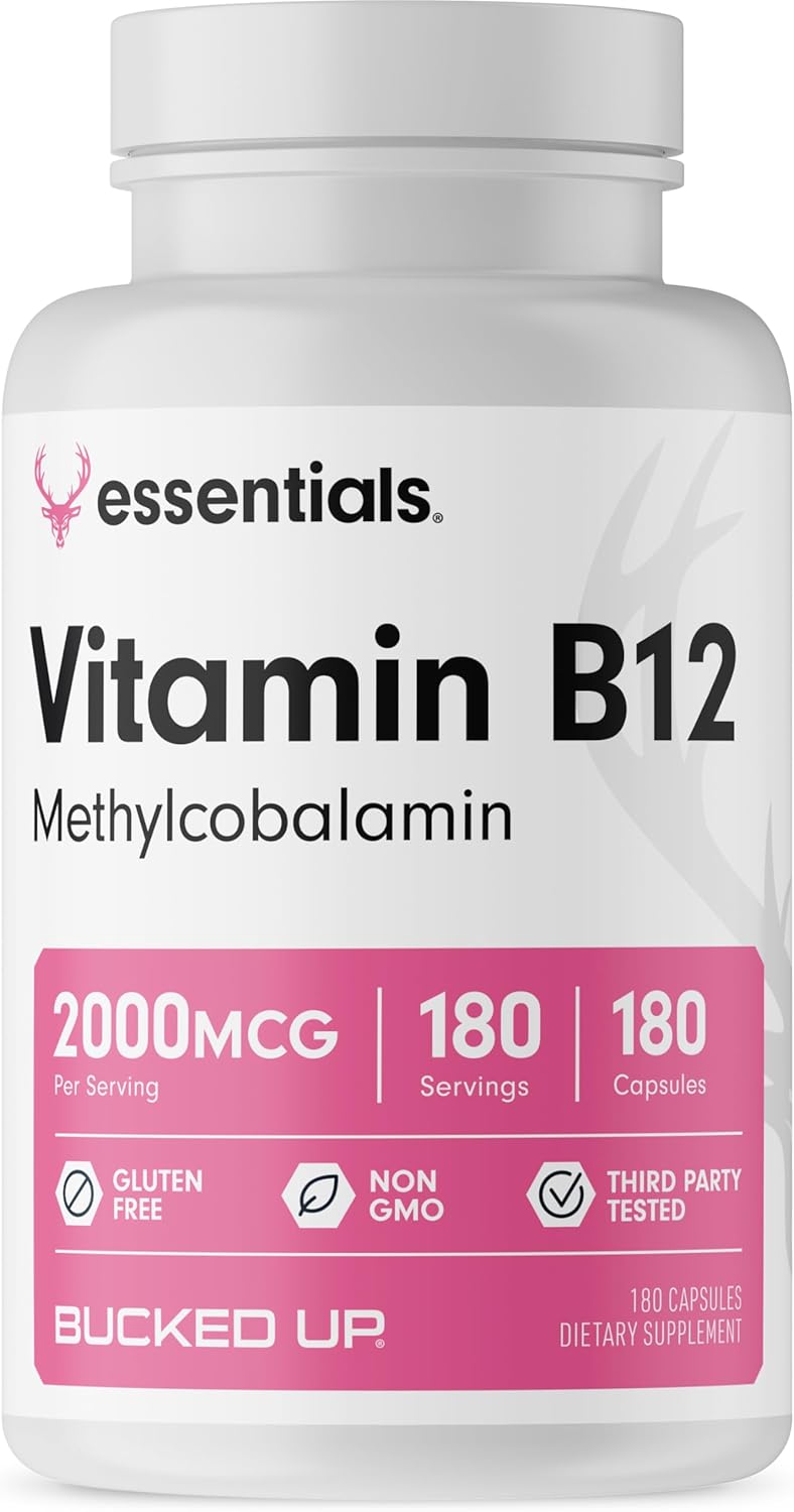 Bucked Up Vitamin B12 2000Mcg - Methylcobalamin, Essentials (180 Servings, 180 Capsules)