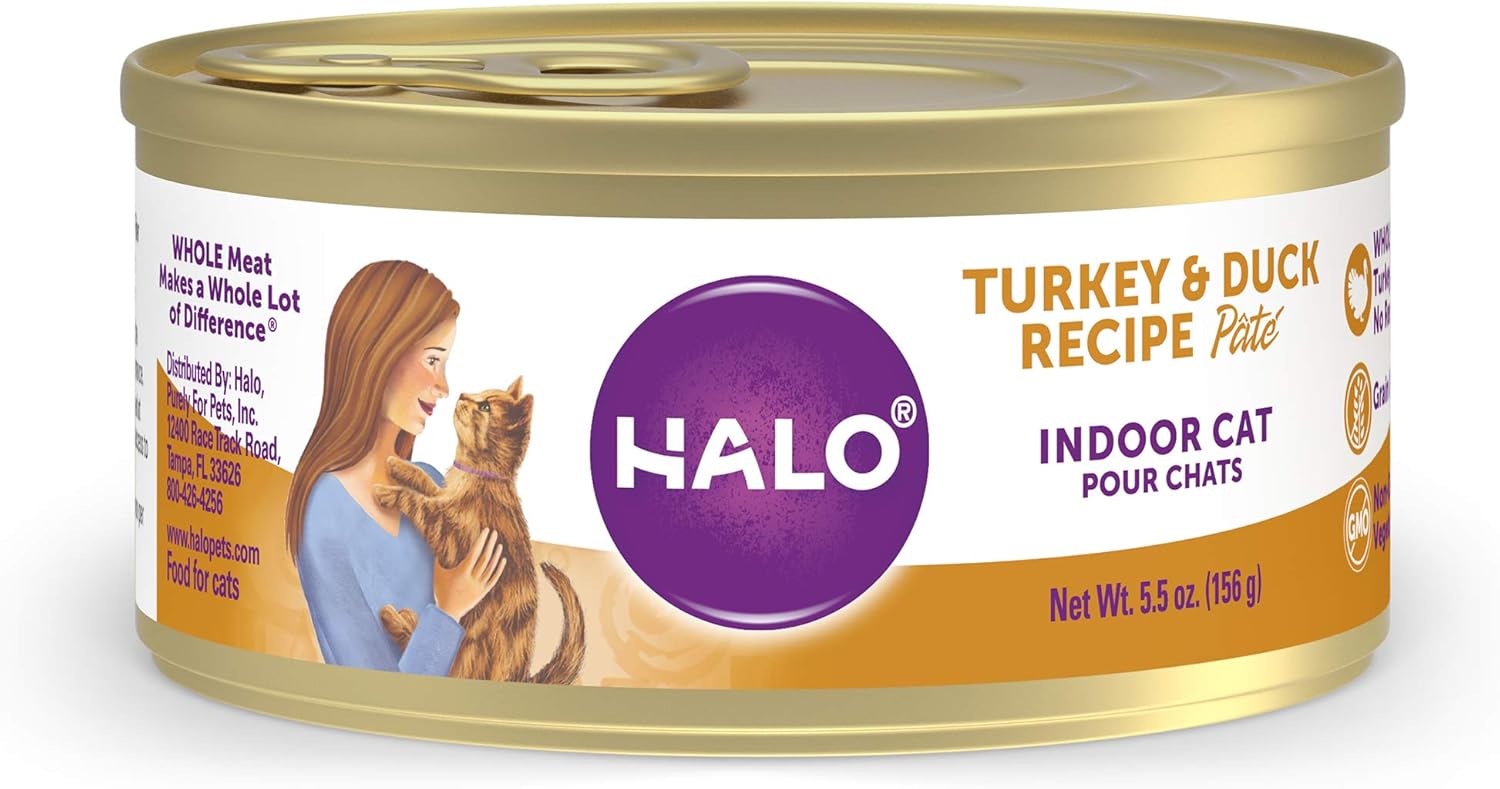 Halo Indoor Wet Cat Food, Grain Free, Turkey & Duck 5.5 Oz Can (Pack Of 12)