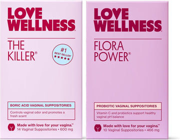 Love Wellness The Killer & Flora Power | Vaginal Suppository Duo With Boric Acid, Probiotics & Vitamin C | Supports Ph Balance, Odor Control & Feminine Health | Fragrance-Free, Non-Gmo & Paraben Free