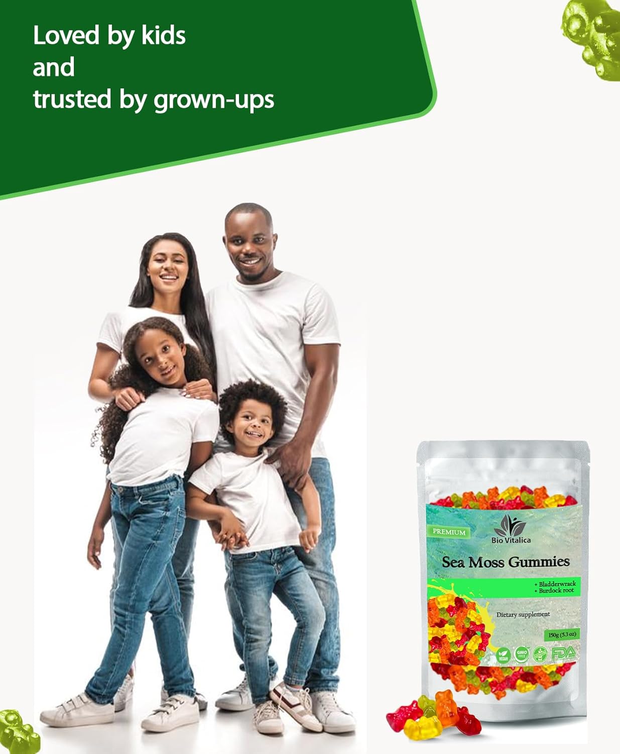 Sea Moss Gummies - Irish Sea Moss Raw Organic, Bladderwrack, Burdock Root. Contains Sea Moss Gel And Powder. Superfoods For Vegan, Keto And Dr Sebi Diet. Immune Boosting (1, Original) : Health & Household