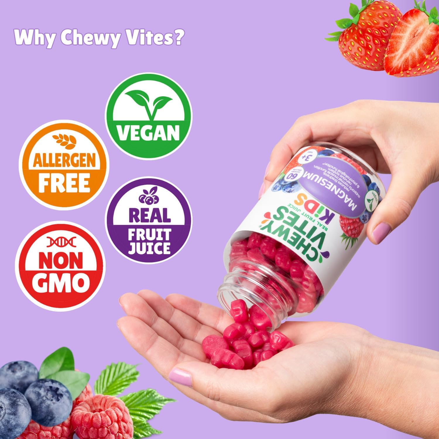 Chewy Vites Kids Magnesium, 2 Months Supply, 60 Kids Vitamins Gummies, 500mg Magnesium Citrate Providing 56mg per Gummy, Real Fruit Juice, Age 3 +, Berries Flavour : Amazon.co.uk: Health & Personal Care