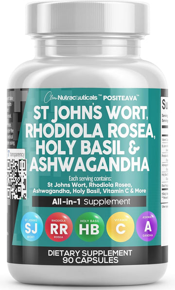 Clean Nutraceuticals St Johns Wort 10000Mg Rhodiola Rosea 20000Mg Holy Basil 3000Mg Ashwagandha 6000Mg - Mood Support For Women And Men With Vitamin C & Black Pepper Extract - 90 Caps