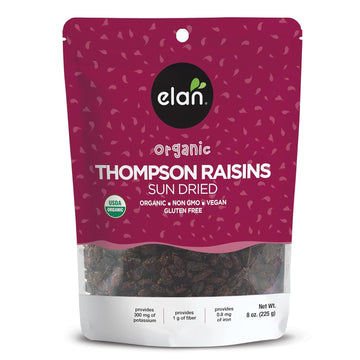 Elan Organic Sun-Dried Thompson Raisins, 7.9 oz, Dried Fruits, No Added Sugar, Non-GMO, Vegan, Gluten-Free, Kosher, Healthy Snacks, Naturally Sweet Snack
