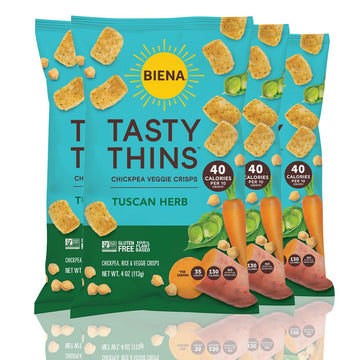 BIENA Tasty Thins Veggie Crisps – Tuscan Herb, 4-Pack, 4 oz Bags – Chickpeas & Veggies, Vegan, Gluten Free, Dairy-Free, Non-GMO, Allergy-Friendly, Healthy Snacks for Adults and Kids