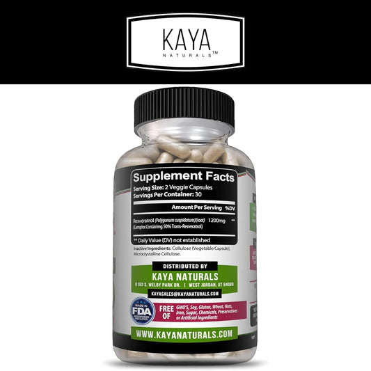 Kaya Naturals - Resveratrol Capsules - Anti Aging Supplement - Antioxidants With Brain Support - Maximum Benefits - 60 Veggies Capsules