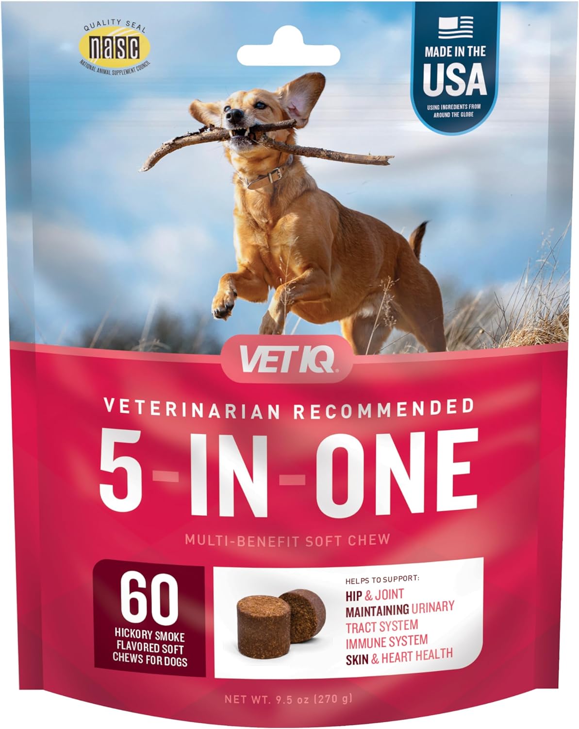 VetIQ 5-in-One Supplement for Dogs, Supports Hip & Joint, Urinary Tract, Immune System, Skin Health and Heart Health, Soft Chews, Made in The USA, 60 Count (Packaging May Vary)
