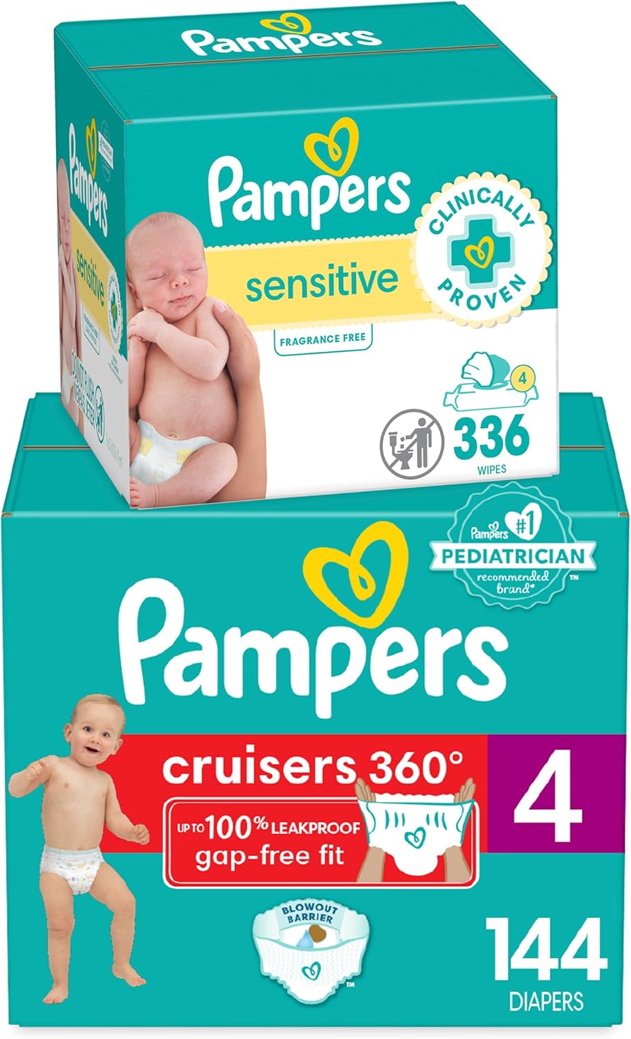 Pampers Pull On Cruisers 360° Fit Disposable Baby Diapers Size 4, One Month Supply (144 Count) With Sensitive Water Based Baby Wipes 6X Pop-Top Packs (336 Count)