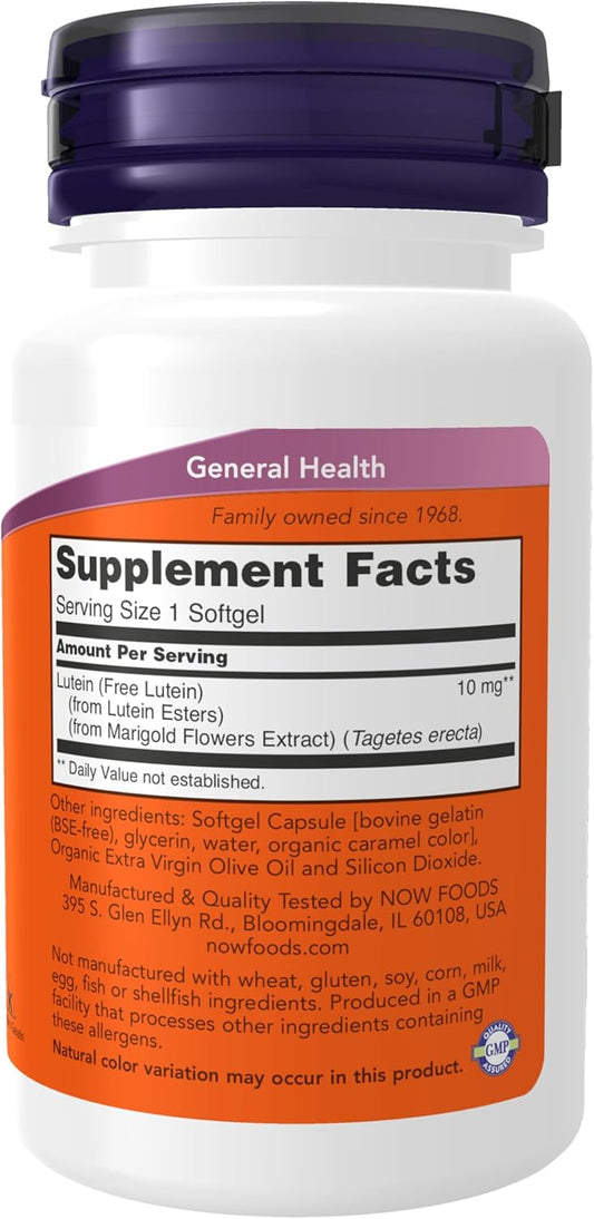 Now Foods Supplements, Lutein 10 Mg With 10 Mg Of Free Lutein From Lutein Esters, 60 Softgels (Pack Of 3)