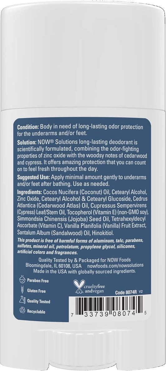 Now Foods Solutions, Long Lasting Deodorant, Cedarwood And Cypress, Paraben & Aluminum Free, 2.2-Ounce