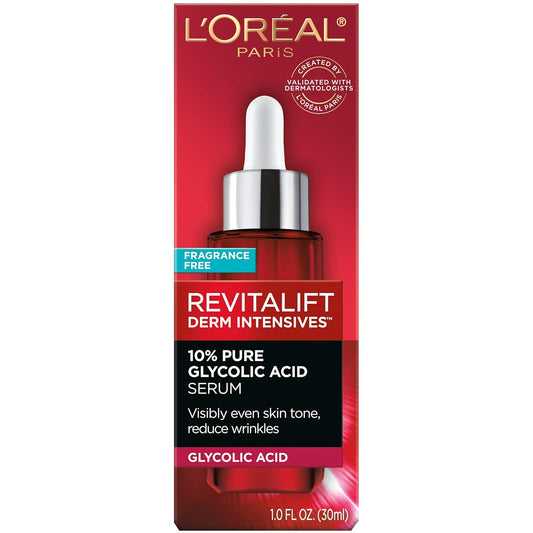 L'Oreal Paris Revitalift 10% Pure Glycolic Acid Face Serum, Visibly Evens Tone & Reduce Wrinkles, Fragrance Free 1.0 Fl Oz (30Ml)