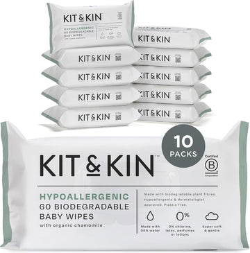 Kit & Kin Premium Eco Baby Wipes, 600 Wet Wipes (10 Packs) | Biodegradable Plastic-Free & Super Soft | 99% Water | Hypoallergenic & Dermatologist Approved | Fragrance-Free | New & Improved Formula
