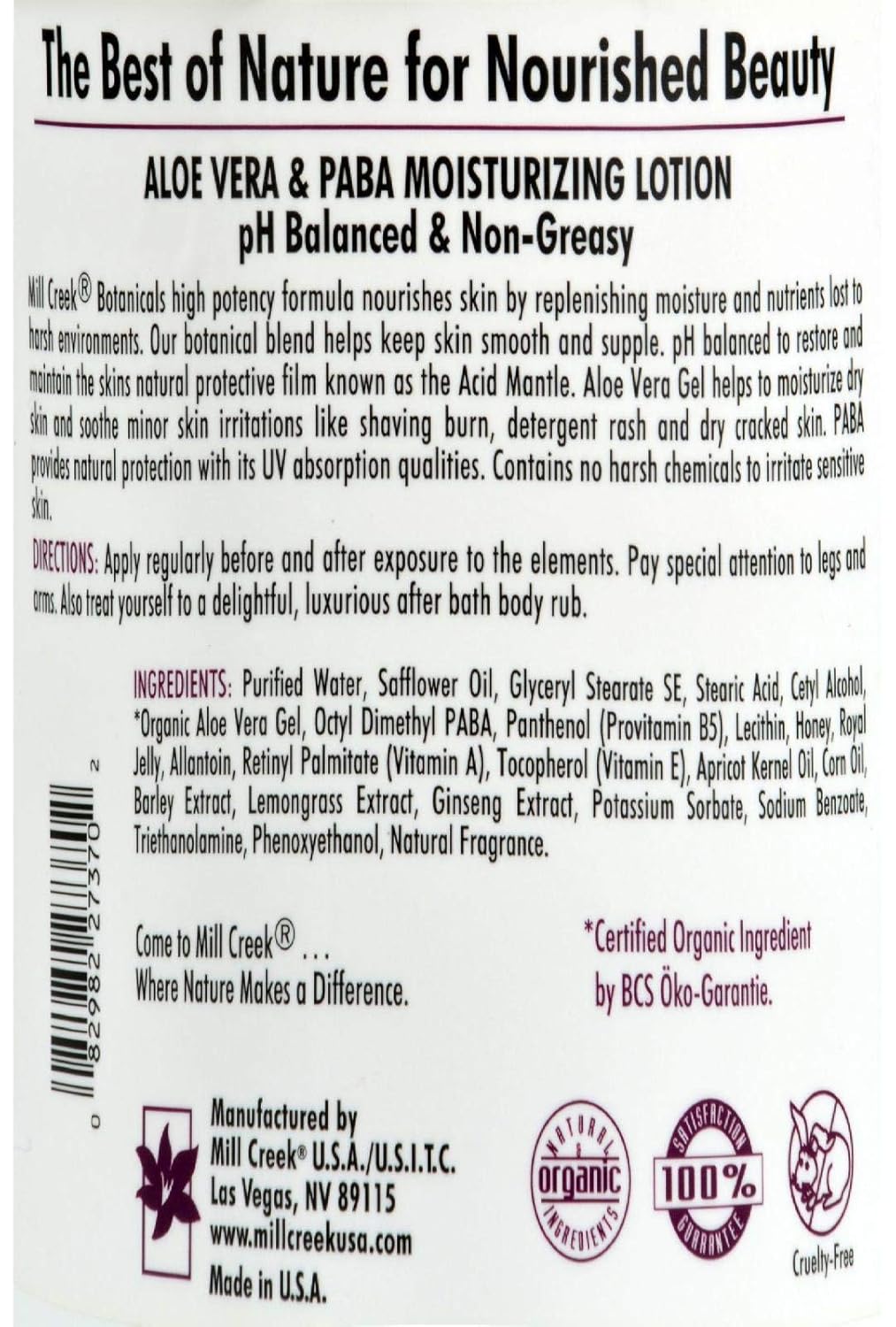 Mill Creek Botanicals Moisturizing Lotion Aloe Vera & Paba, 64 Oz : Body Lotions : Beauty & Personal Care