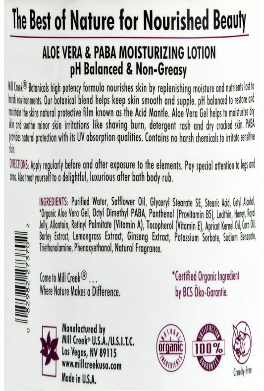 Mill Creek Botanicals Moisturizing Lotion Aloe Vera & Paba, 64 Oz : Body Lotions : Beauty & Personal Care
