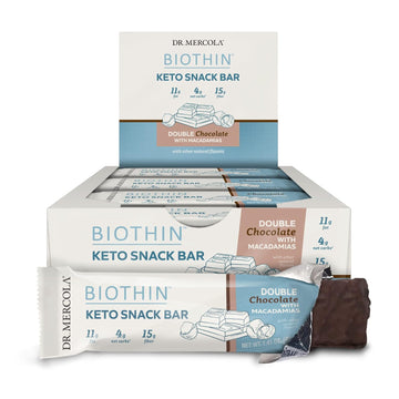 Dr. Mercola, Biothin Keto Snack Bars, Double Chocolate 1 box (12 Bars), Chocolate Coated Ketogenic Nutrition Bars, non GMO, Soy Free, Gluten Free