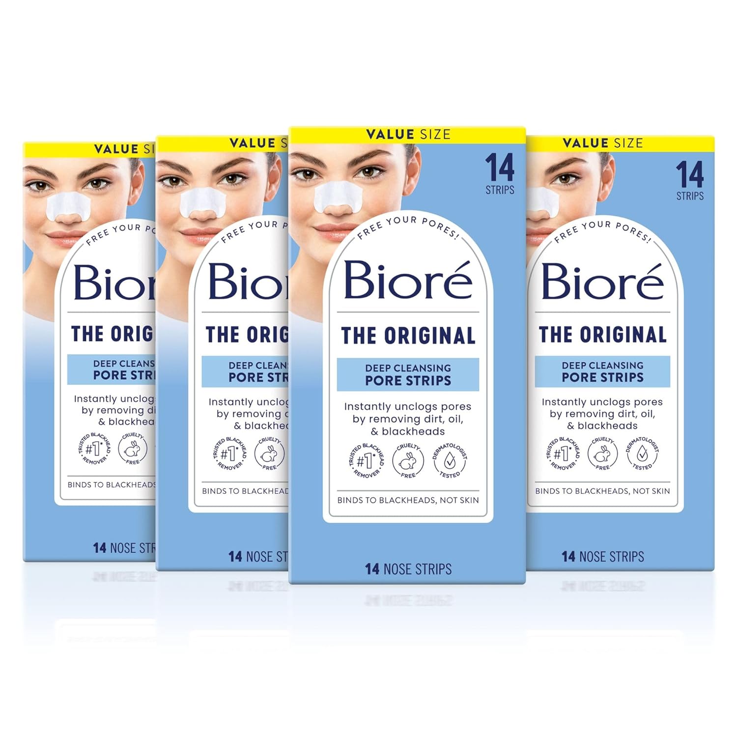 Bioré Original, Deep Cleansing Pore Strips, Nose Strips For Blackhead Removal, With Instant Pore Unclogging, Features C-Bond Technology, Oil-Free, Non-Comedogenic Use,14 Count, 4-Pack