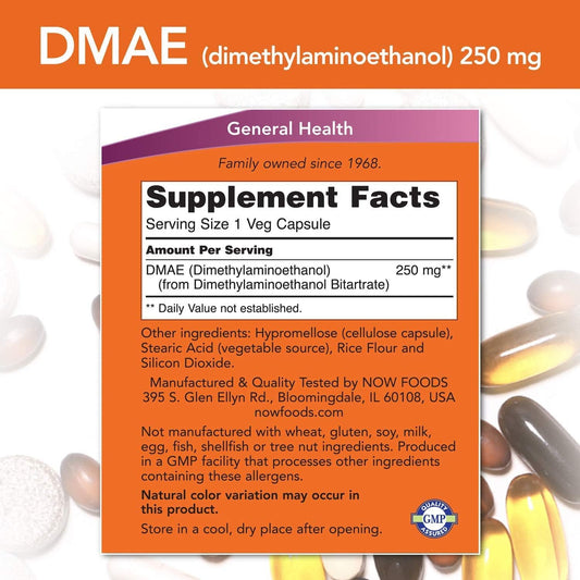 Now Foods Supplements, Dmae (Dimethylaminoethanol) 250 Mg, Healthy Brain Function*, 100 Veg Capsules