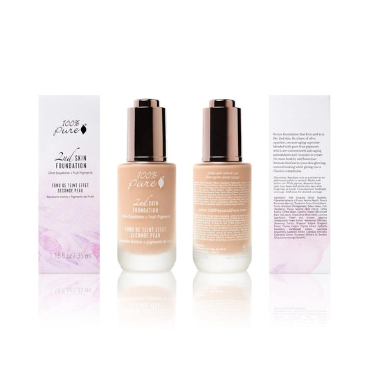 100% Pure 2Nd Skin Lightweight Serum Foundation Anti-Aging Face Makeup - Blendable Coverage Liquid Hydration Boost For Soft Plumped Up Glow, Vegan Shade 3 (Warm W/Yellow Undertone) - 1.18 Fl Oz