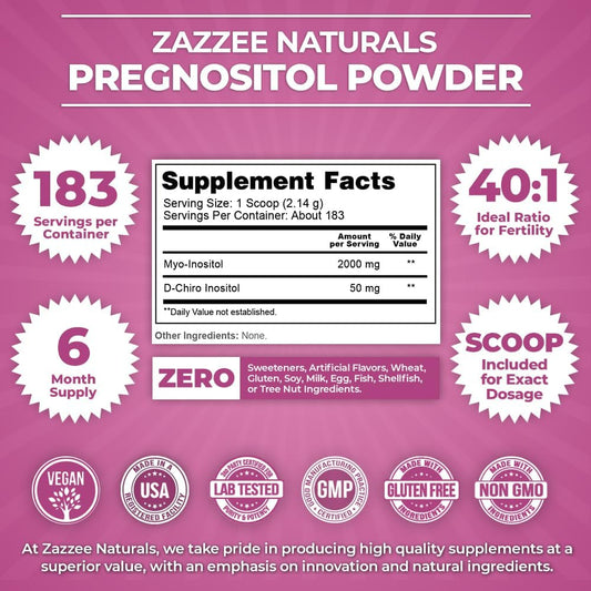 Zazzee Pregnositol Powder, 6 Month Supply, Myo-Inositol And D-Chiro-Inositol 40:1 Fertility Blend, Free Scoop For Exact Dosage, Premium Balanced Formula, 183 Servings, Vegan, All-Natural And Non-Gmo