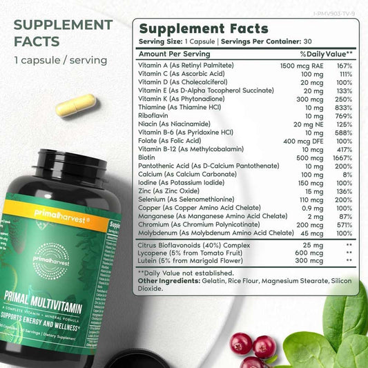 Primal Harvest 2 Pack, Multivitamin For Women And Men Vitamin A, Vitamin C, Vitamin D And E, Vitamin B12, B6, Biotin, Zinc Supplements, 30 Capsules