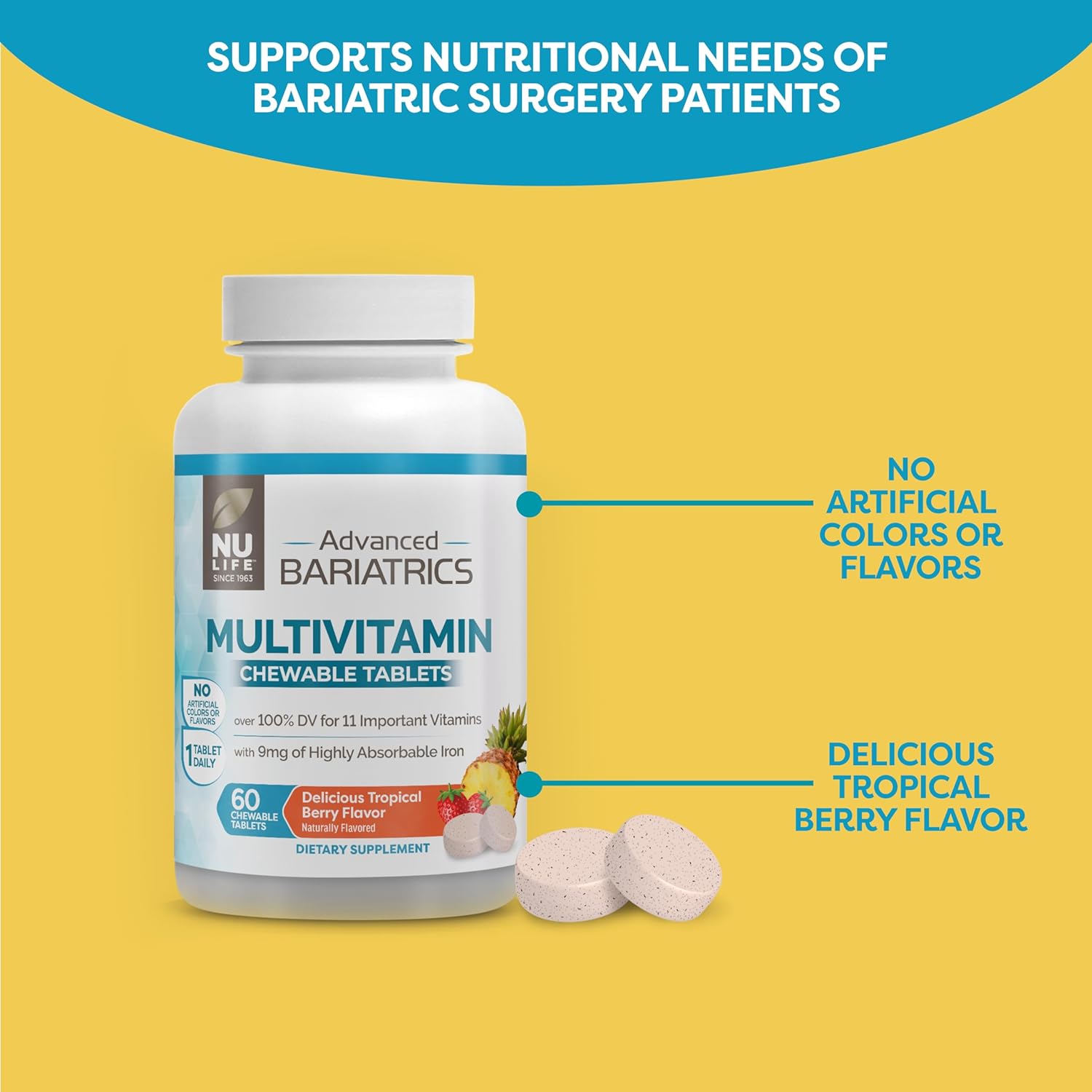 Nu-Life Advanced Bariatrics Multivitamin Chewable Tablets, Bariatric Mulivitamin With Iron - Tropical Berry (60 Chewable Tablets) (Packaging May Vary)