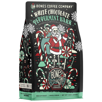 Bones Coffee Company White Chocolate Peppermint Bark Flavored Whole Coffee Beans | 12 oz Medium Roast Arabica Low Acid Coffee | Gourmet Coffee (Whole Bean)