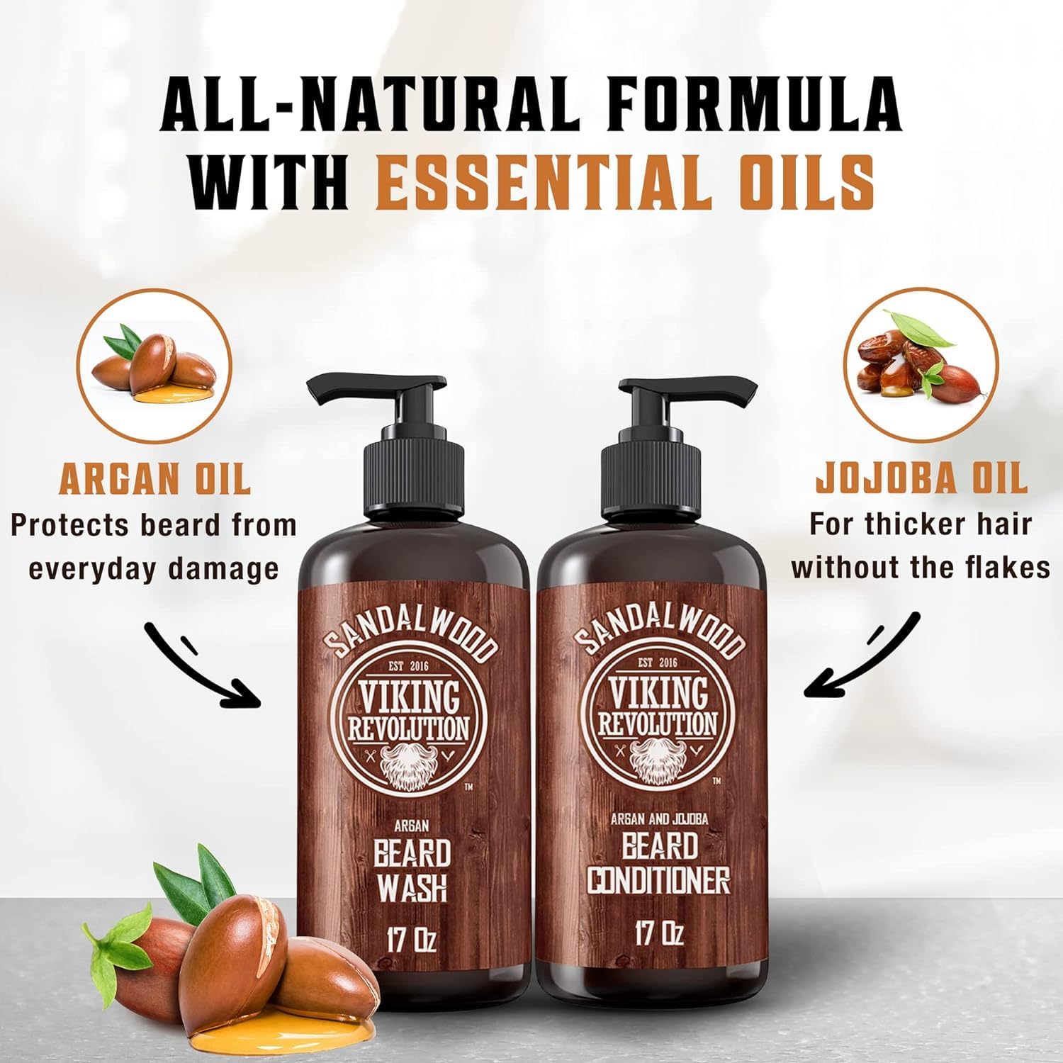 Viking Revolution Beard Wash & Beard Conditioner Set With Argan & Jojoba Oils - Softens And Strengthens - Natural Sandalwood Scent - Beard Shampoo With Beard Oil (17 Oz) : Beauty & Personal Care
