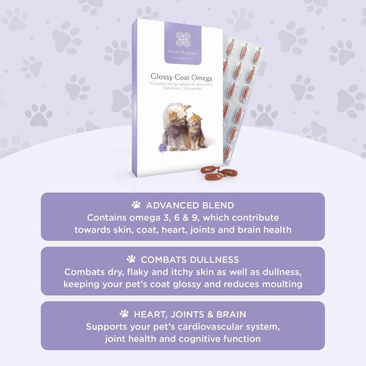 Healthspan Glossy Coat Omega For Cats & Dogs (120 Capsules) | Beef Flavoured | High Strength Fish Oils | For Healthy Skin, Coat, Heart, Joints & Brain