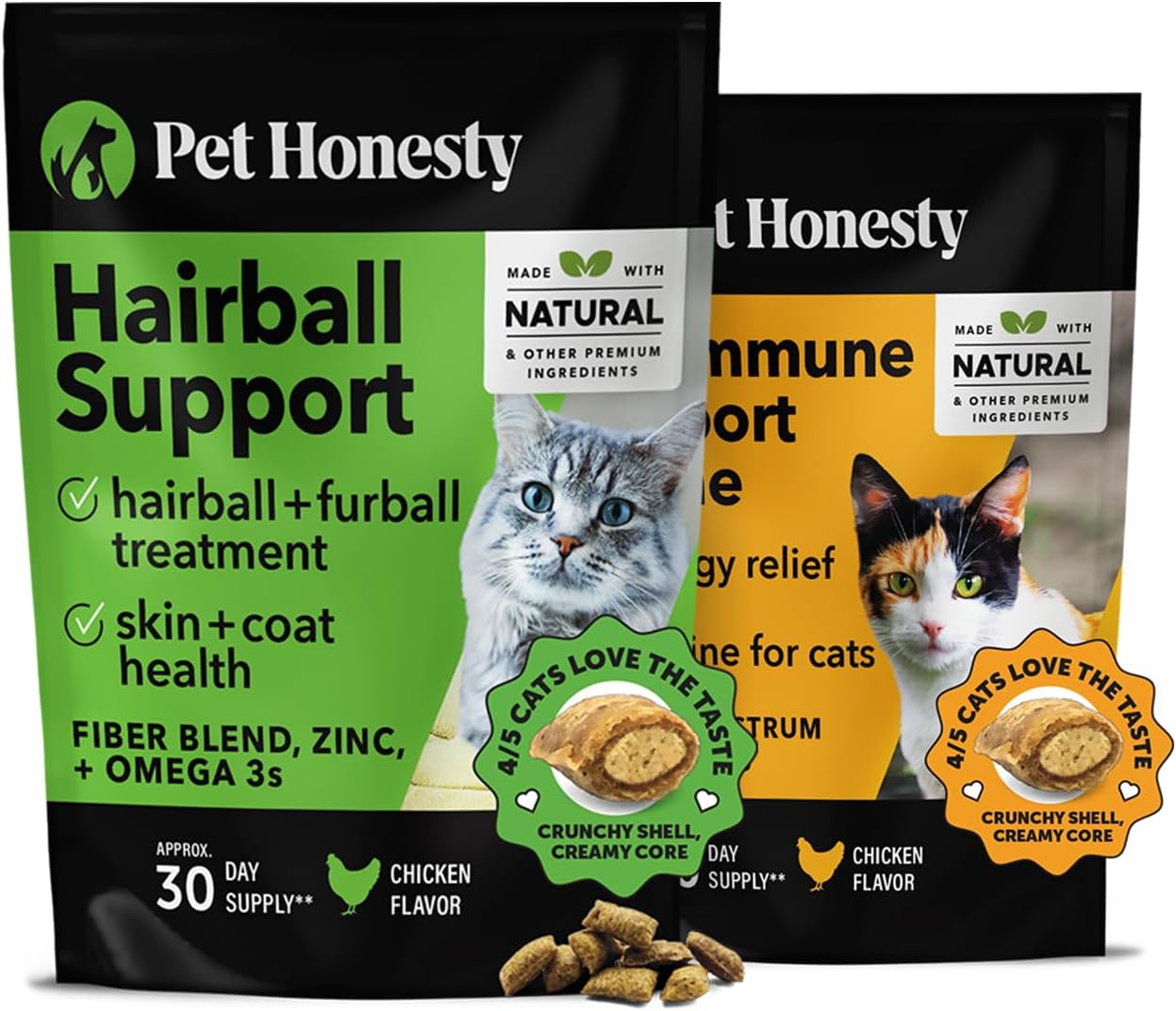 Pet Honesty Cat Hairball Support + Cat Immune Support Lysine Dual Texture Chew Supplement Bundle - Cat Hairball Solution, Supports Skin & Coat And Digestion, Cat Anxiety Relief, Allergy Relief