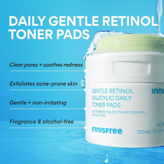 Innisfree Daily Gentle Retinol Salicylic Toner Pads, Korean Sheet Mask Pads For Acne-Prone Skin Care