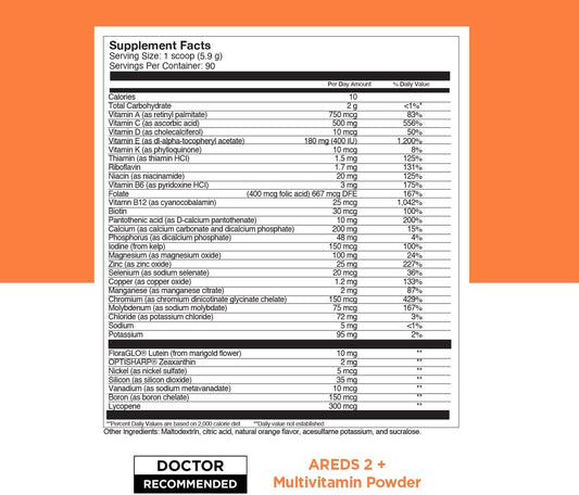 Viteyes AREDS 2 Powder + Multivitamin All-in-One, Macular Protection, Alternative to AREDS 2 chewables, No Pills, Lutein & Zeaxanthin, AREDS 2 Eye Vitamins Drink, Natural Orange Flavor, 90 Scoops