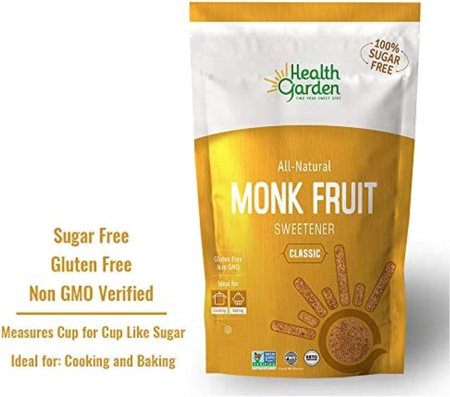 Health Garden Monk Fruit Sweetener, Classic- Non Gmo - Gluten Free - Sugar Substitute - Kosher - Keto Friendly (1 Lb)