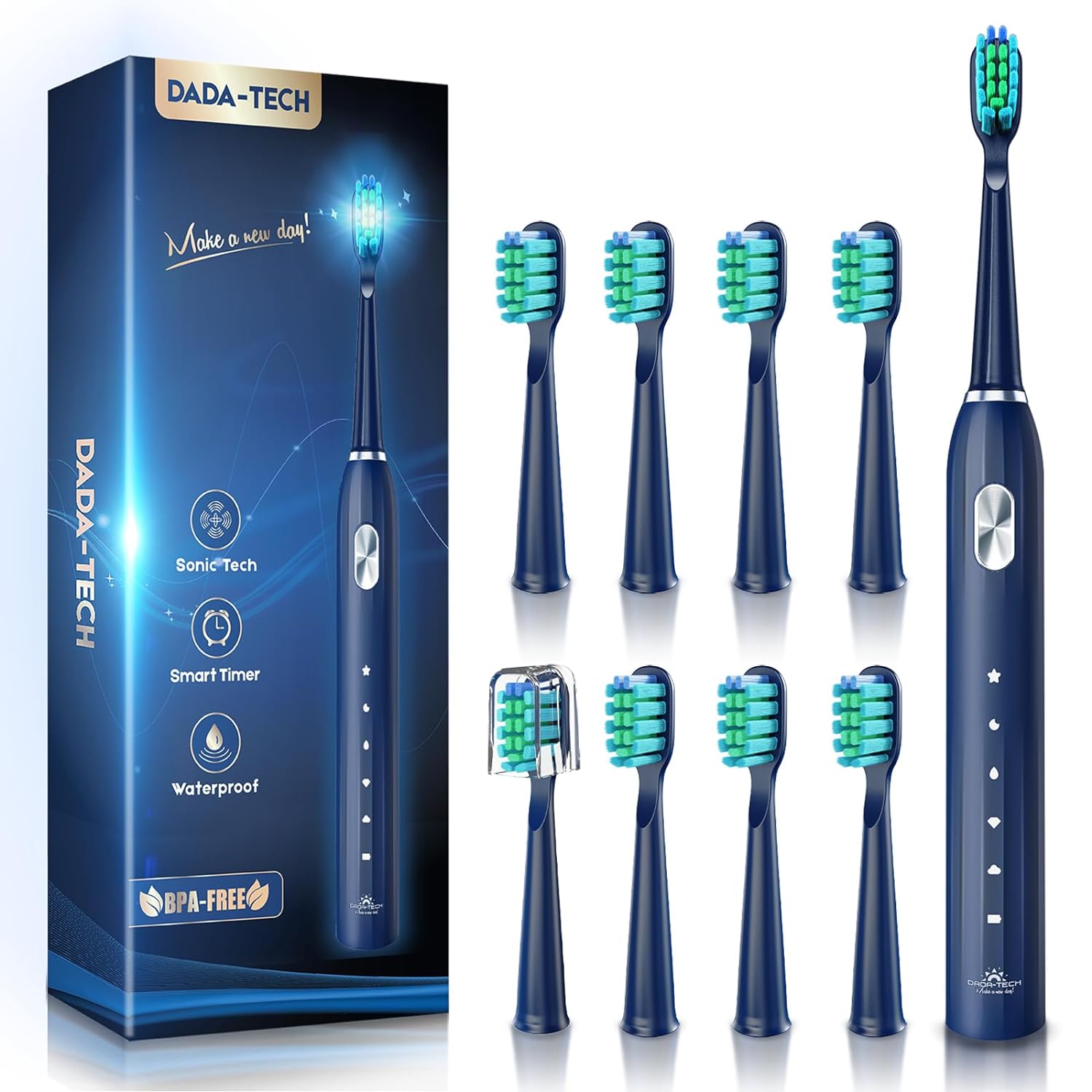 DADA-TECH Electric Toothbrush for Adults with 90% Rounded Bristles, Sonic Toothbrush Rechargeable with 5 Cleaning Modes, 2-Minute Timer and 9 Replacement Reminder Brush Heads (Blue)