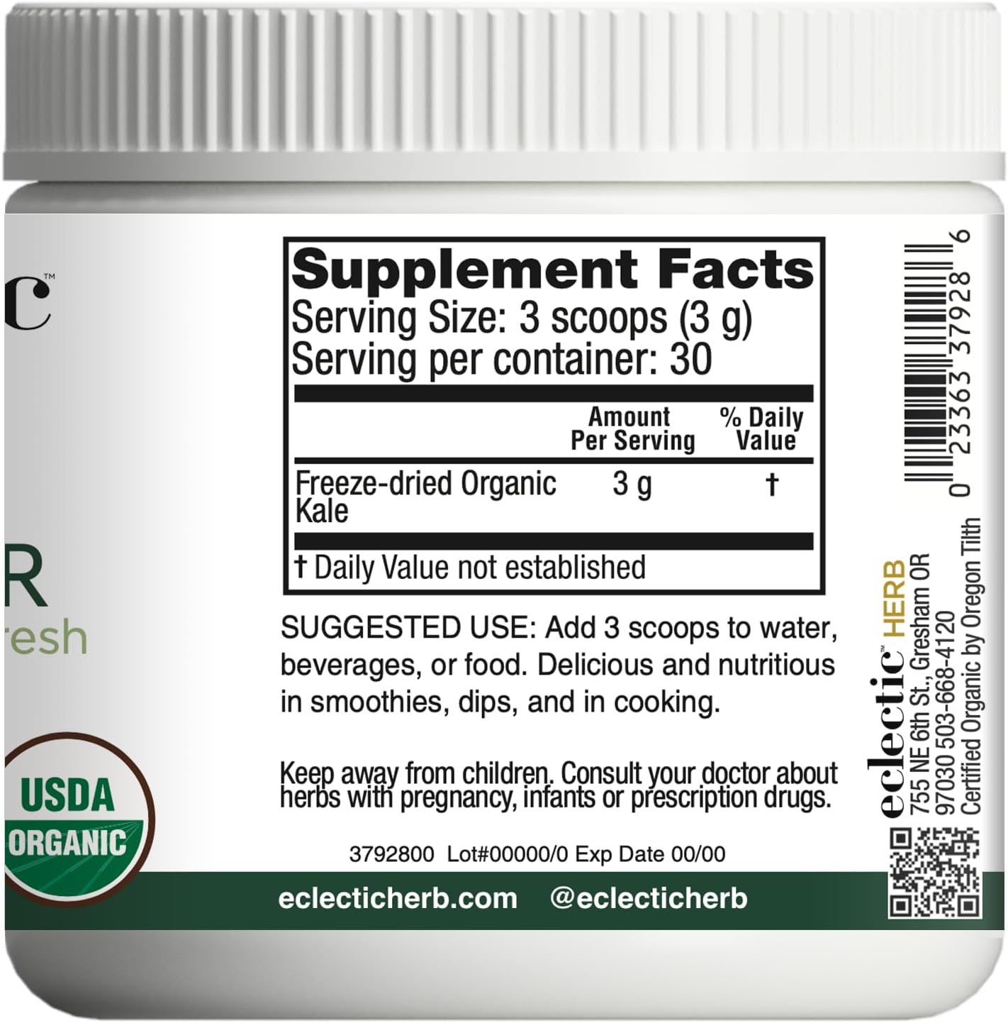 Eclectic herb Raw Fresh Freeze-Dried Kale Whole Food Powder | 3.2 oz (90 g) : Health & Household