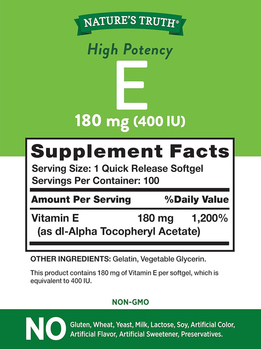 Nature'S Truth Vitamin E Softgels | 400 Iu 180Mg | 100 Count | Non-Gmo & Gluten Free Supplement