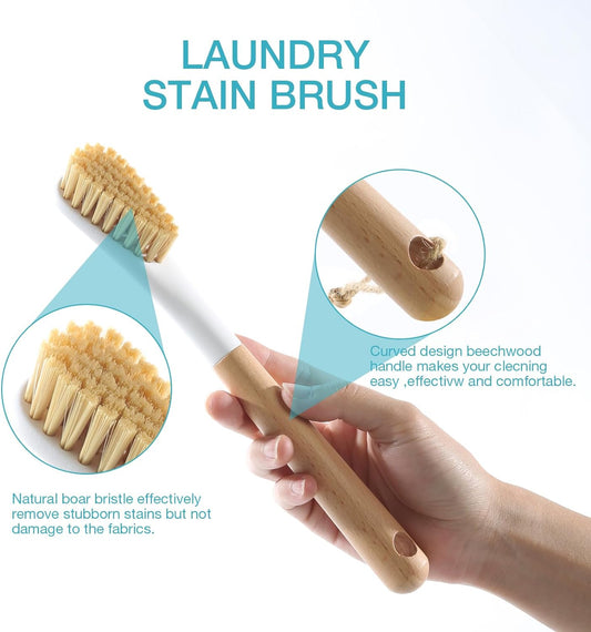 Wood Laundry Brush, OSCIOSS Laundry Stain Brush wth Long Handle and Soft Bristle for Cleaning Clothes & Shoes, Protable Laundry Brush for Stains on Clothes, Natural
