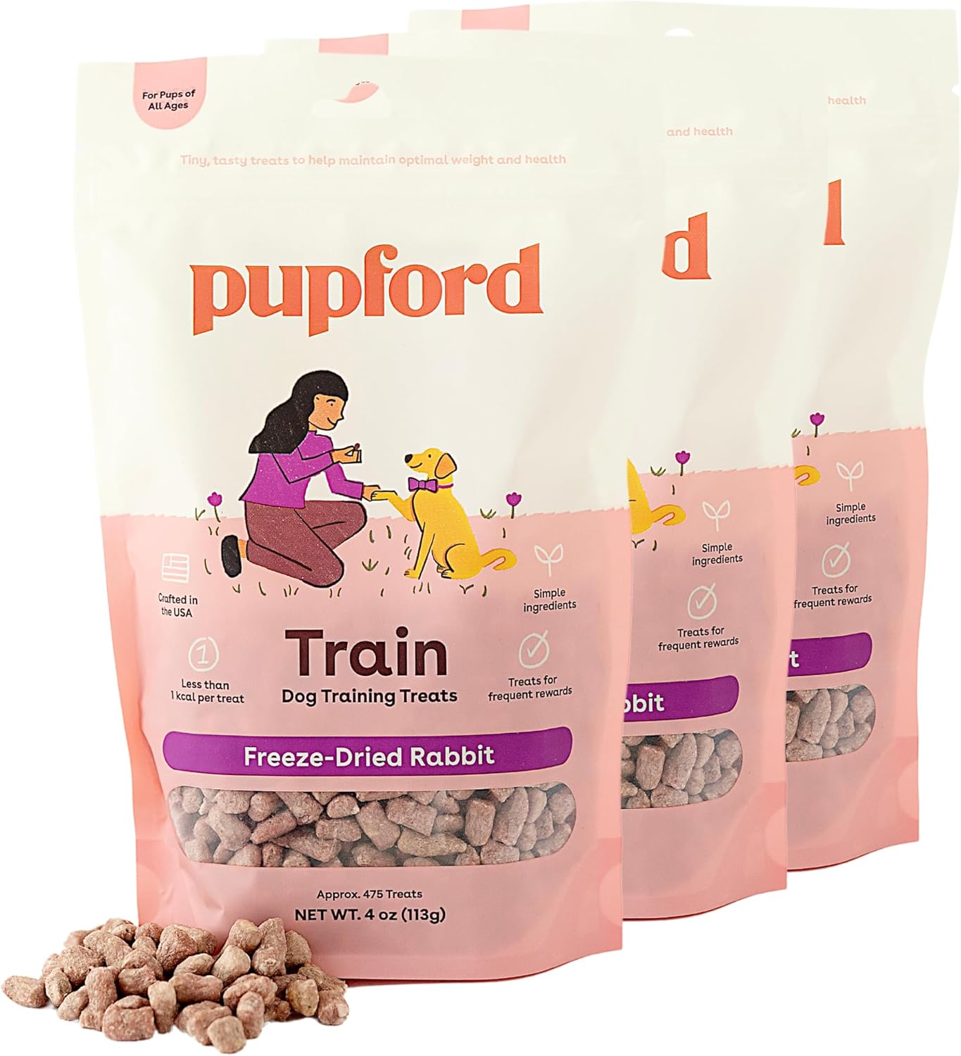 Pupford Freeze Dried Training Treats For Dogs & Puppies, 1400+ Two Ingredient Bites (Rabbit, 4 Oz, 3 Pack)