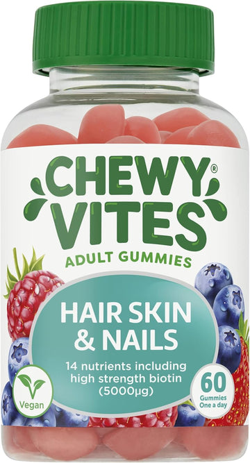 Chewy Vites Adult Hair Skin And Nails, 60 Biotin Gummies, High-Strength Biotin 5000Mcg, 2 Months Supply, Real Fruit Juice, Vegan, Blueberry And Raspberry Flavour