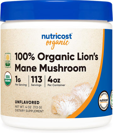 Nutricost Organic Lion'S Mane Mushroom Powder 4Oz - Certified Usda Organic