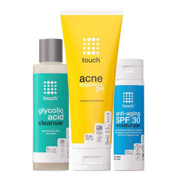 TOUCH Glycolic Acid Face Wash, Acne Treatment Gel, and Anti-Aging SPF 30 Sunscreen Moisturizer