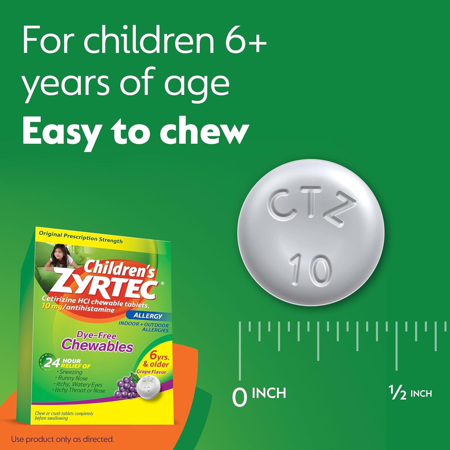 Zyrtec Children's Dye-Free Chewables for 24 Hour Allergy Relief, 10 mg Cetirizine HCl Antihistamine Tablets, Kids Allergy Medicine Relieves Sneezing & Itchy Nose & Throat, Grape, 24 ct : Health & Household