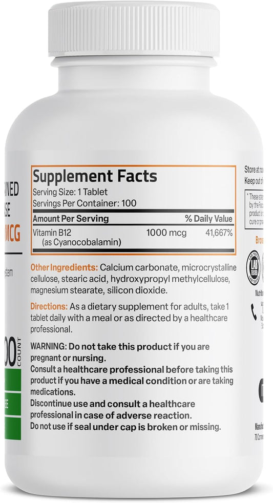 Bronson Vitamin B12 1000 Mcg (B12 Vitamin As Cyanocobalamin) Sustained Release Premium Non Gmo Tablets Supports Nervous System, Healthy Brain Function And Energy Production, 100 Count