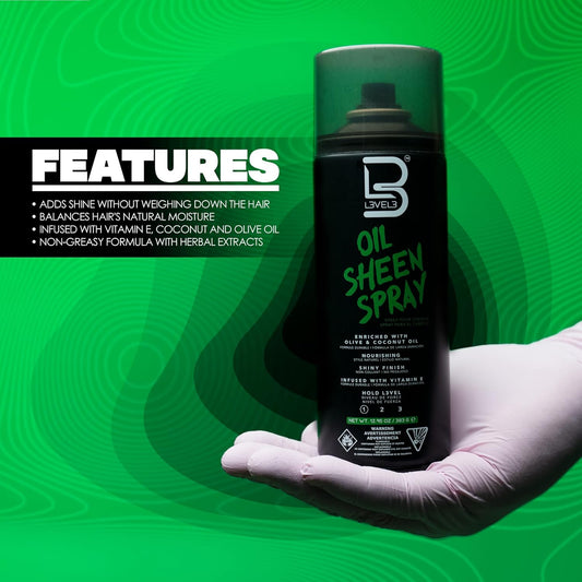 L3 Level 3 Oil Sheen Spray - Adds Shine To Hair After Styling - Infused With Vitamin E, Olive And Coconut Oil And Herbal Extracts Level Three Oil Shine Spr