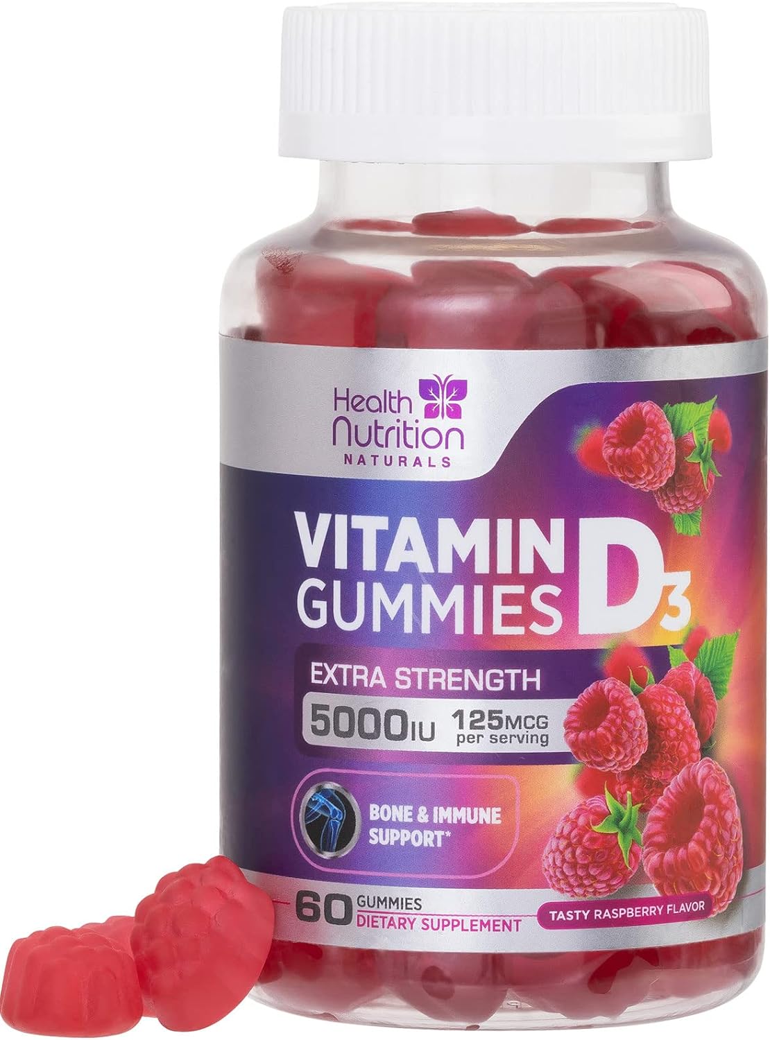 Vitamin D3 Gummies 5000 Iu (125 Mcg) - Extra Strength Vitamin D Gummy Dietary Supplement For Bone, Teeth, Muscle And Immune Health Support, Nature'S Berry Vitamin D Supplement, Non-Gmo - 60 Gummies