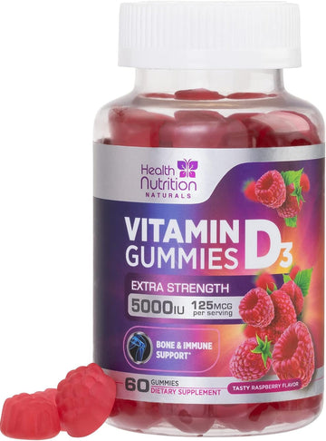 Vitamin D3 Gummies 5000 IU (125 mcg) - Extra Strength Vitamin D Gummy Dietary Supplement for Bone, Teeth, Muscle and Immune Health Support, Nature's Berry Vitamin D Supplement, Non-GMO - 60 Gummies