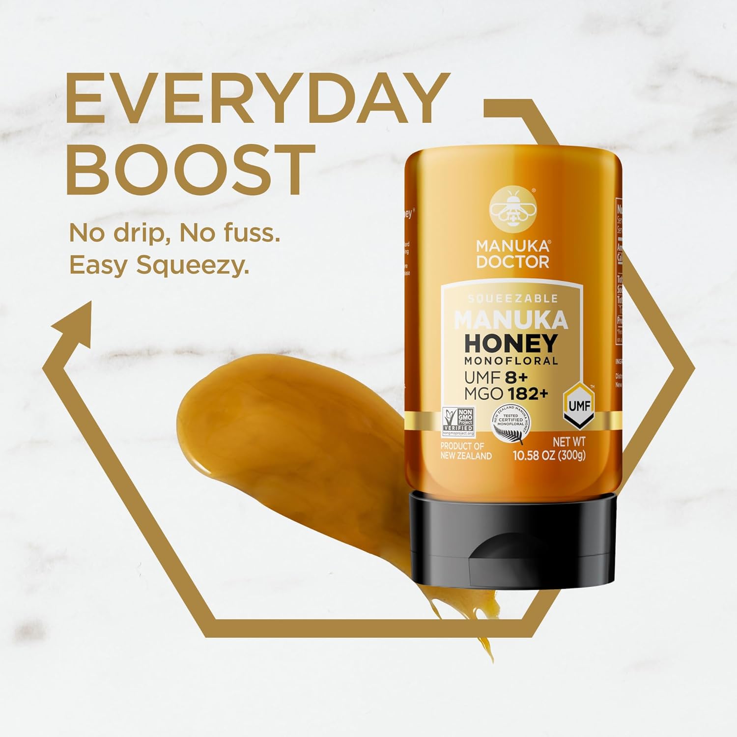 Manuka Doctor - Manuka Honey Squeezy Mgo 182+ / Umf8 Dual Rated Monofloral, 100% Pure New Zealand Honey. Certified. Guaranteed. Raw. Non-Gmo (10.58 Oz)