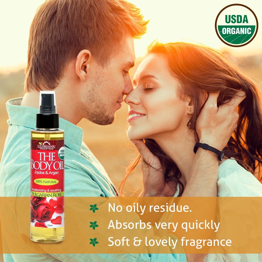 US Organic Body Oil - Romantic Sexy Bulgarian Rose- Jojoba and Argan Oil with Vitamin E, USDA Certified Organic, No Alcohol, Paraben, Artificial Detergents, Color or Synthetic perfume (Bulgarian Rose) : Beauty & Personal Care